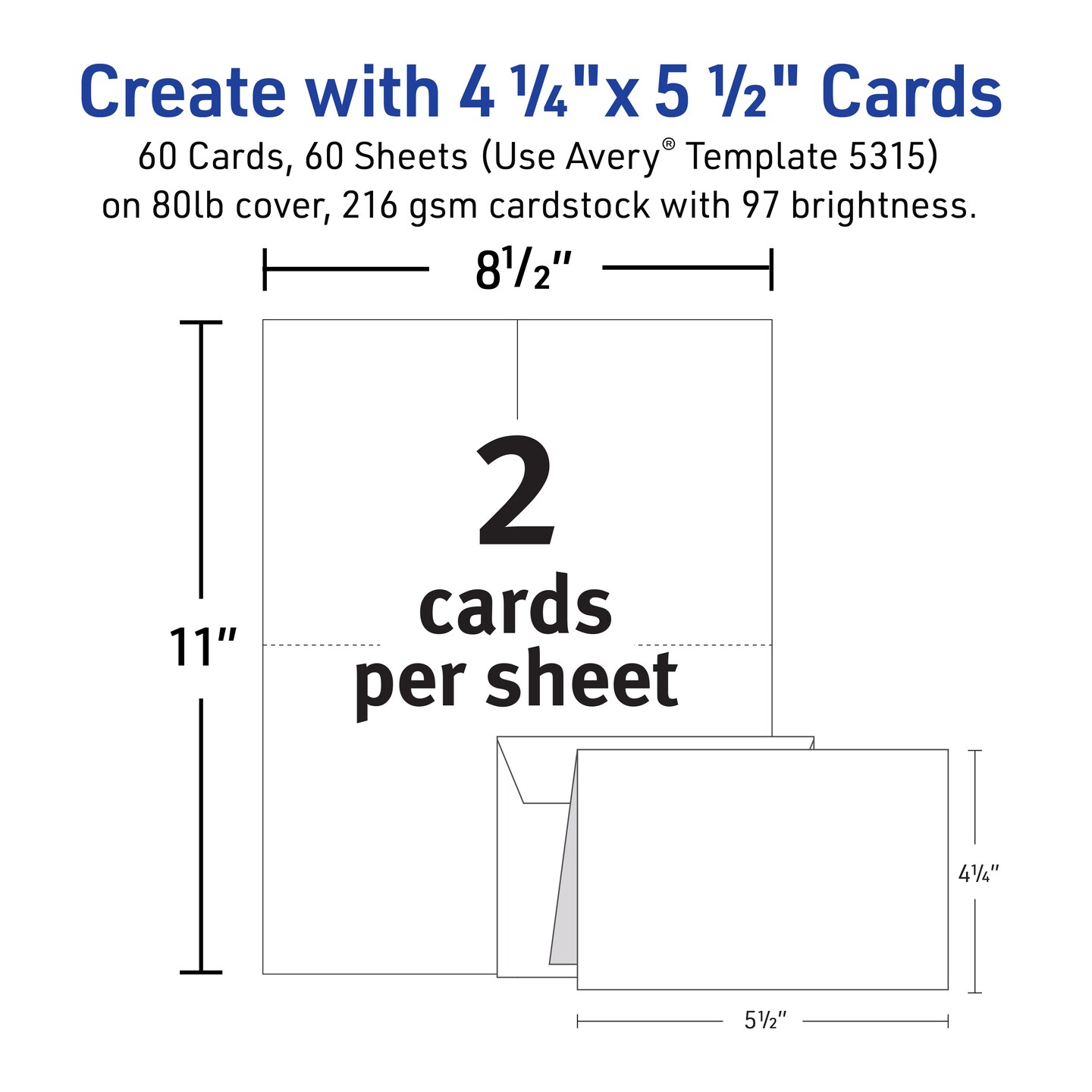 Avery Printable Note Cards, Envelopes Included, 4.25" x 5.5", Matte White, Laser Printer Compatible, 60 Blank Cards Total (5315)