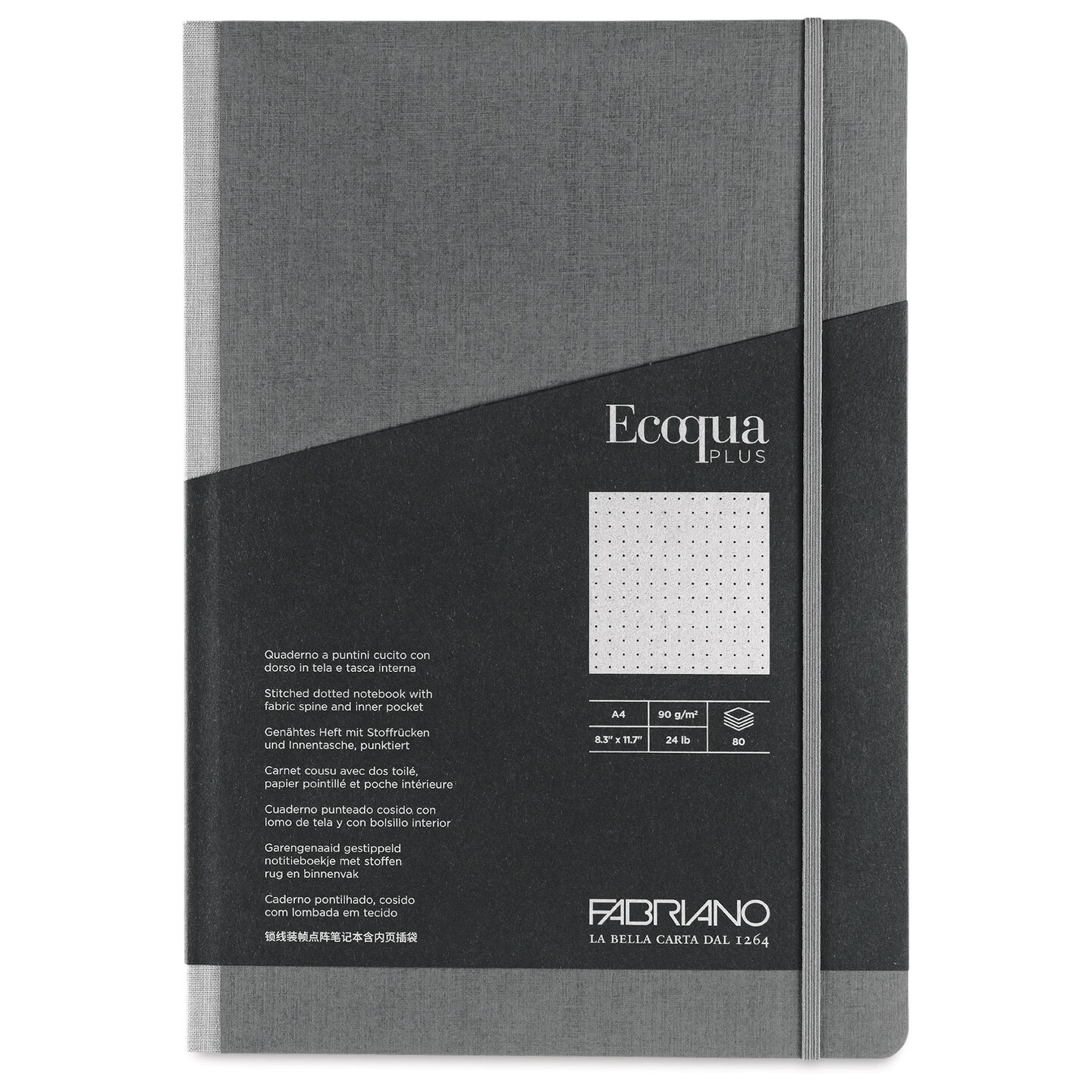 Fabriano Ecoqua Plus Fabric-Bound Notebook - Grey, 8-1/4" x 11-7/10", Dot Grid