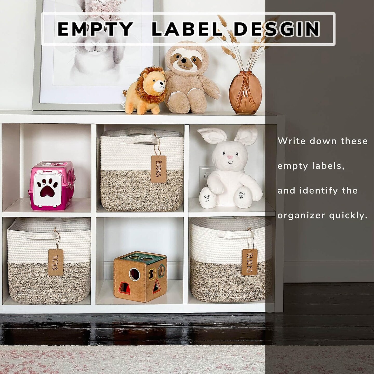 Goodpick Woven Storage Basket for Shelves, Cotton Rope Dog Toy Bin, Empty Gift Basket with Handles, Square Baskets for Storage, Brown and White Storage Bin, 13 x 10 x 9 Inches