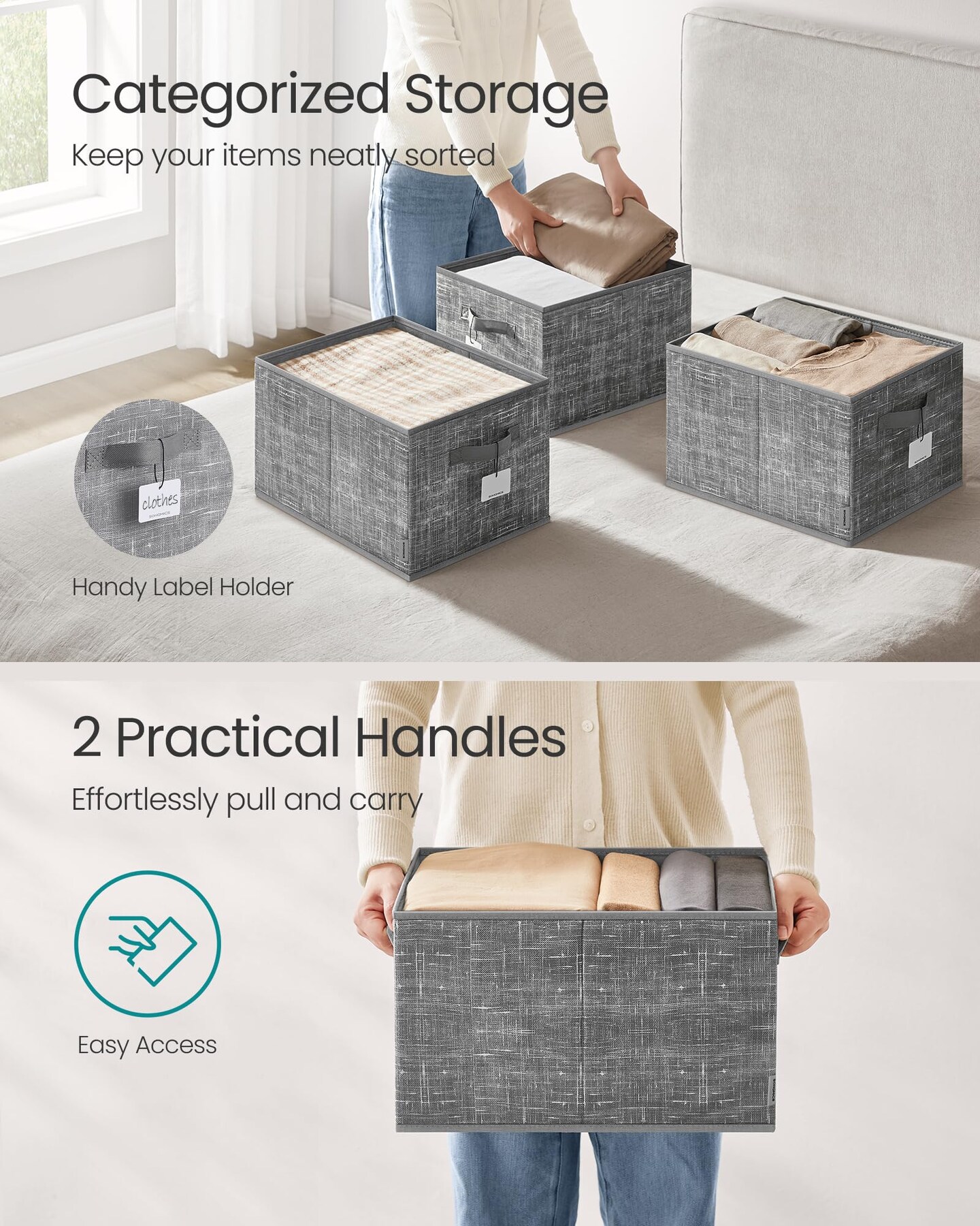 SONGMICS Storage Baskets, Set of 3 Fabric Storage Bins, 15.7 x 11.8 x 9.5 Inches, Foldable Closet Organizer for Shelves, 2 Handles, Label Holders, for Bedroom, Living Room, Cattail Gray UROB440G01