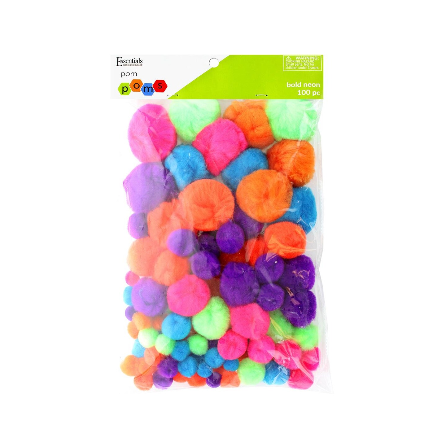 Essentials By Leisure Arts Pom Poms, Bold Neon -Assorted Sizes, 100 Pieces Per Pack