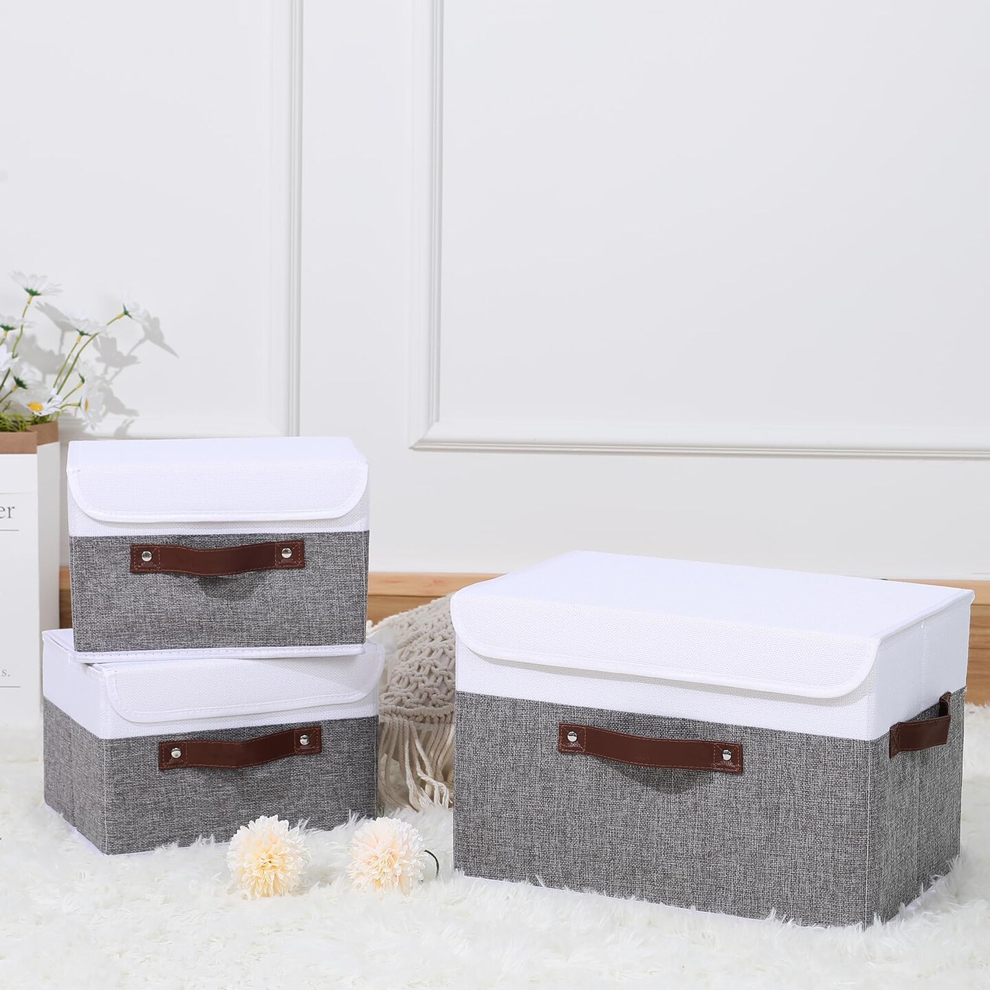 ANMINY Storage Boxes with Lids Washable Decorative Storage Bins Basket with PU Leather Handle Foldable Linen Fabric Storage Cubes Containers for Home Closet Organizer - Gray White, Small Size