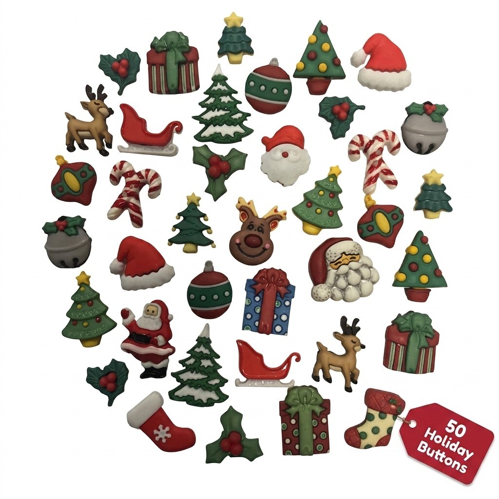 Buttons Galore Christmas Button Assortment – 50-Piece Holiday Craft & Sewing Buttons, Santa, Reindeer, Trees, Ornaments & Gifts for DIY, Scrapbooking & Decorations