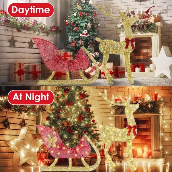 Lighted Christmas Reindeer & Sleigh Decoration – Outdoor/Indoor Holiday Display with 8 Lighting Modes