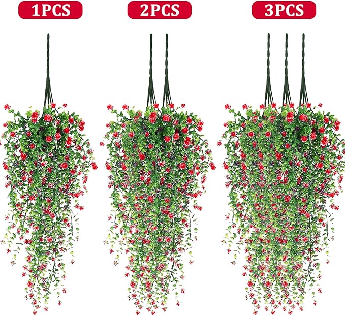 3 Pcs Artificial Hanging Flowers for Outdoors - UV Resistant Fake Trailing Vines, 30" Faux Hanging Plants with Dark Red Blooms, No Fade Silk Ivy for Garden, Porch, Patio & Indoor Wall Decor