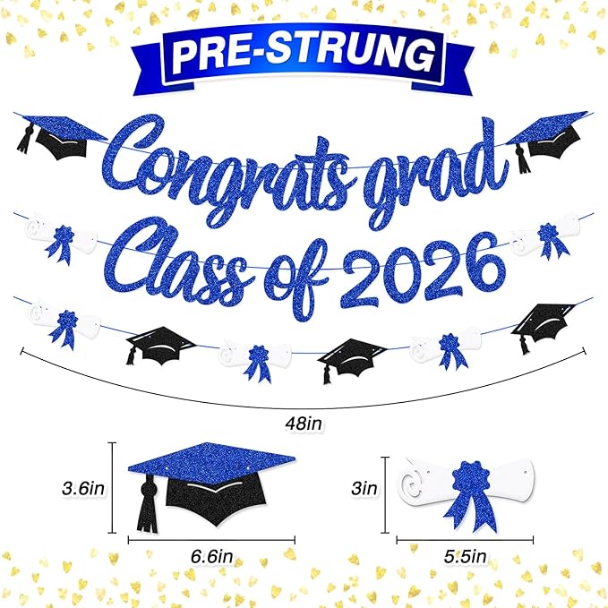 Congrats Grad Class of 2026 Banner Graduation Cap Diploma Theme Party Decoration for for High School College University Senior 2026 Celebrate Party Supplies (Blue)