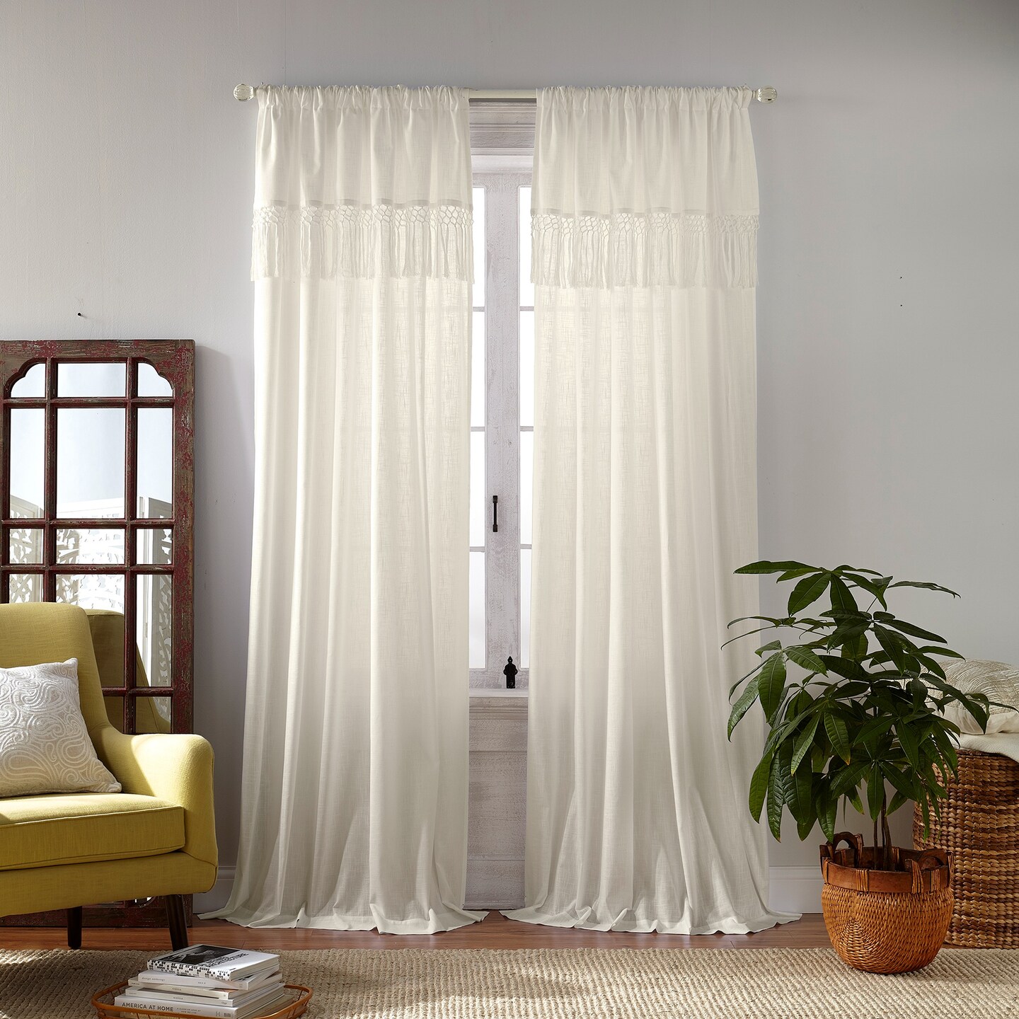 Threadmade Home Calypso Macramé Tassel Semi Sheer Window Curtain, Ivory - 52"W x 95"L