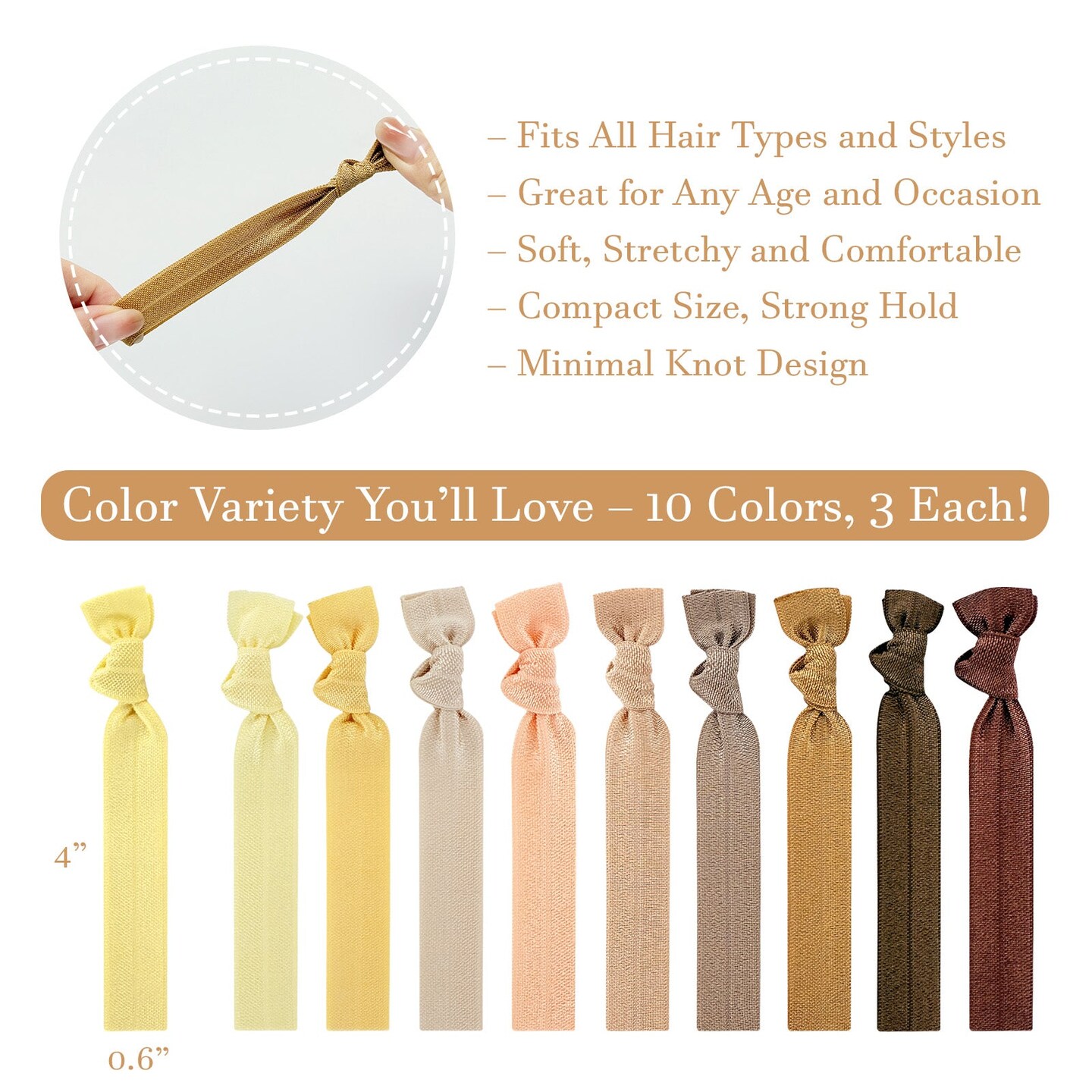 Wrapables No Crease Ouchless Elastic Ribbon Hair Ties Ponytail Holders (Set of 30), Neutral