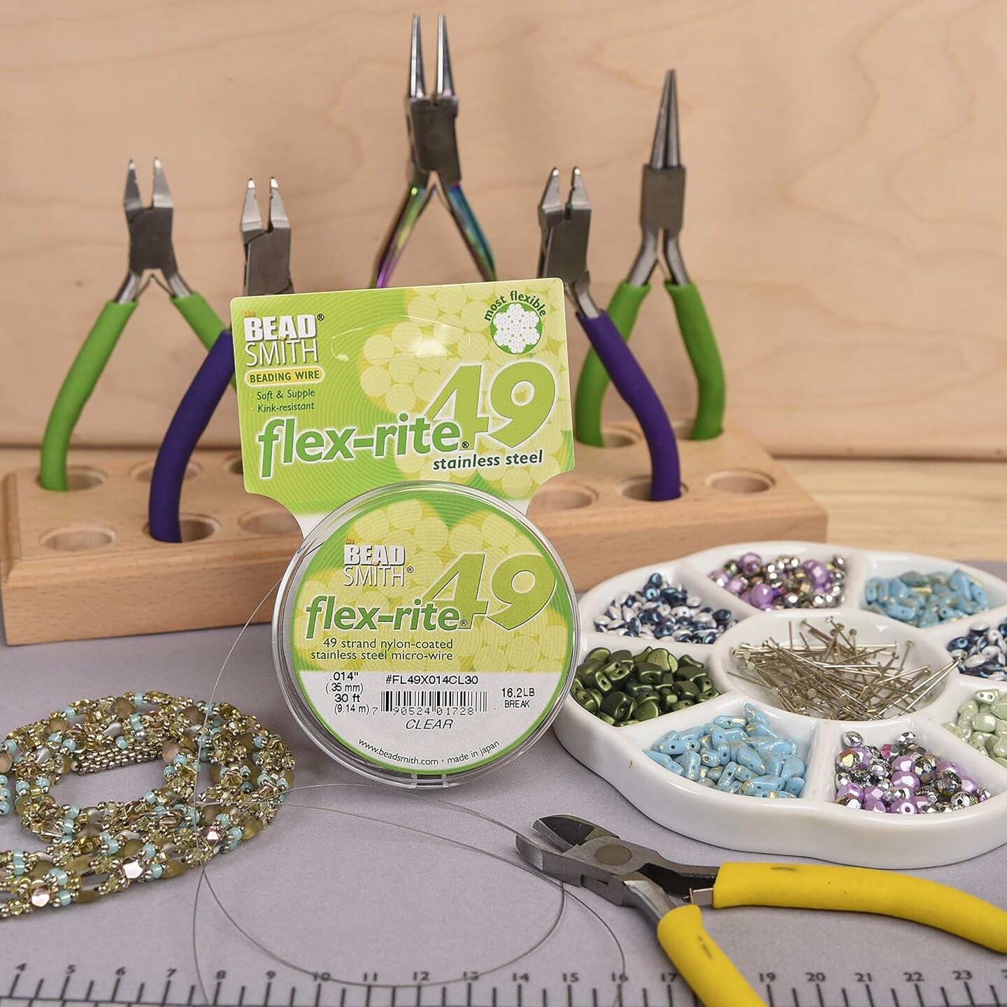 The Beadsmith Flex-Rite Beading Wire - Stainless Steel Micro Flexible Wire, 49 Strand, Clear Color, .014" Diameter, 30-Foot Spool, Nylon Coated