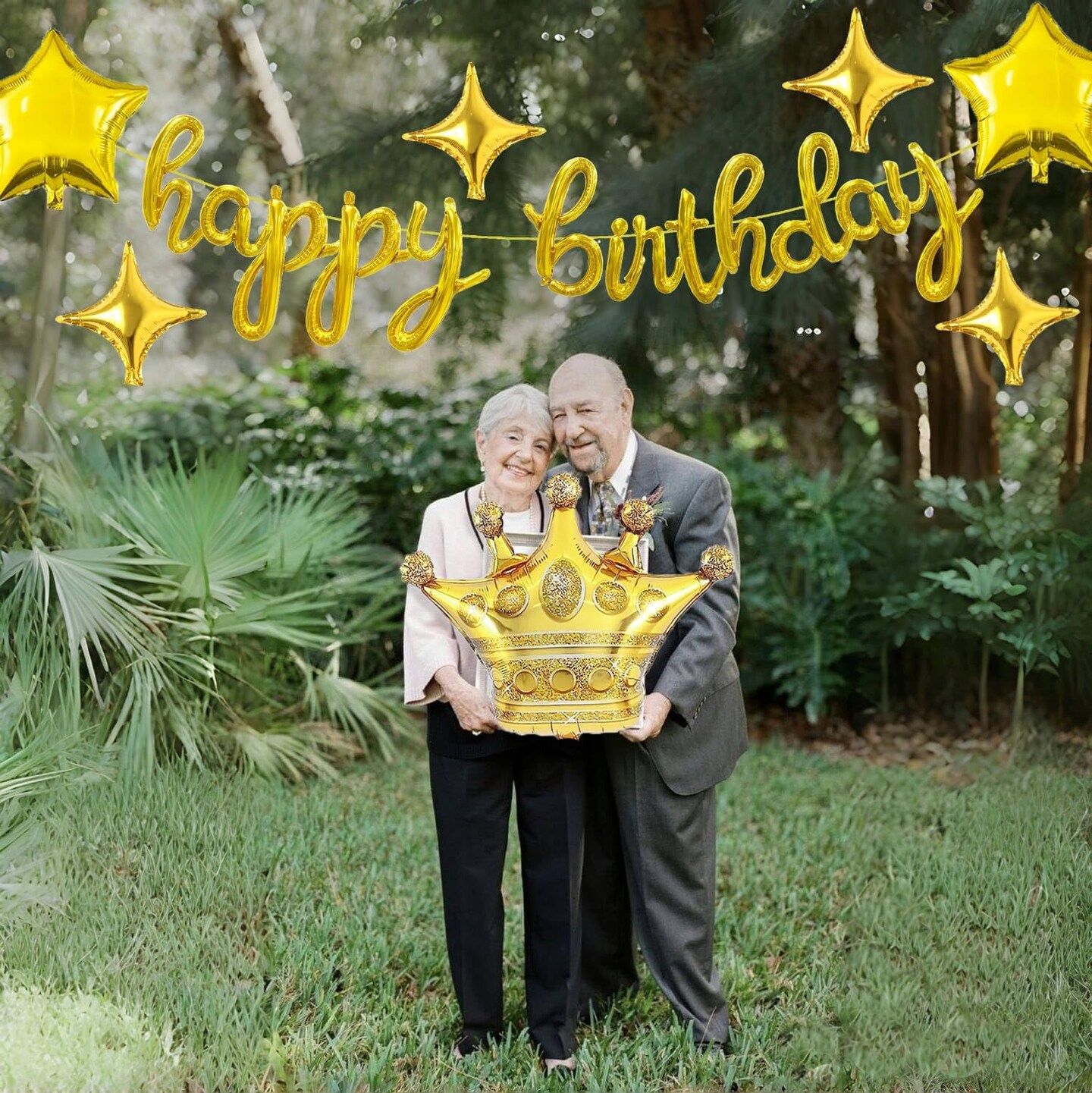 Gold Happy Birthday Balloon Banner – 18-Inch Script/Cursive Foil Letters with Crown & Star Balloons for Party Decorations (Gold)