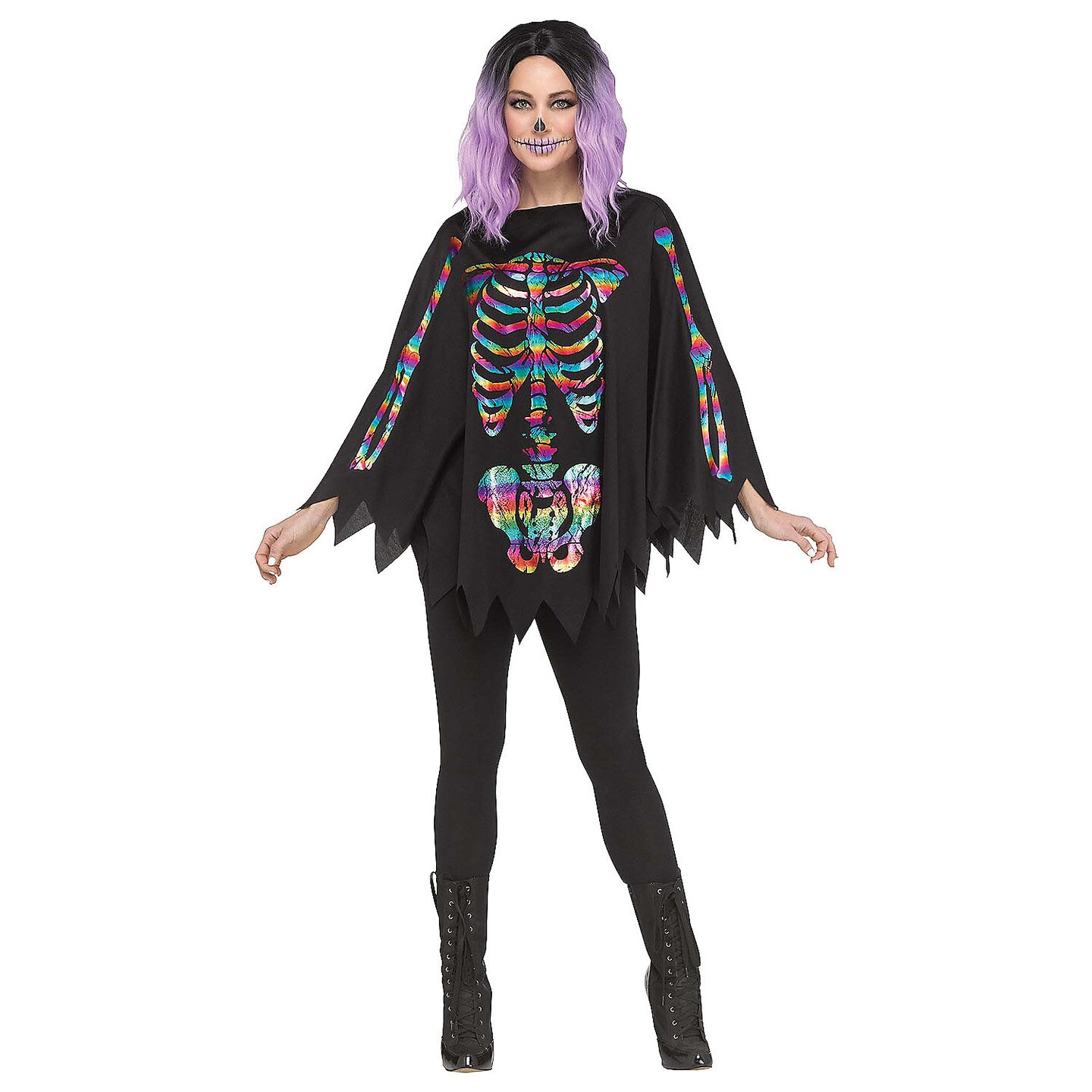 Adult Rainbow Skeleton Poncho Costume Colorful Halloween Outfit Women
