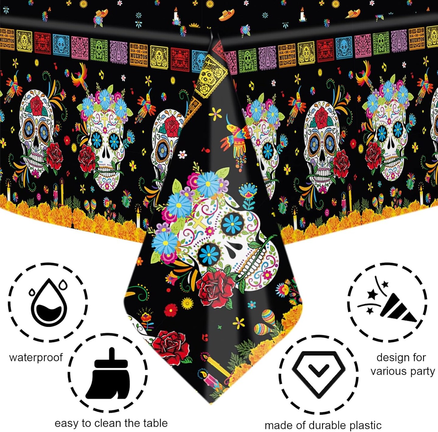 3 Pcs Day of The Dead Plastic Tablecloth (	Black) 108"L x 54"W