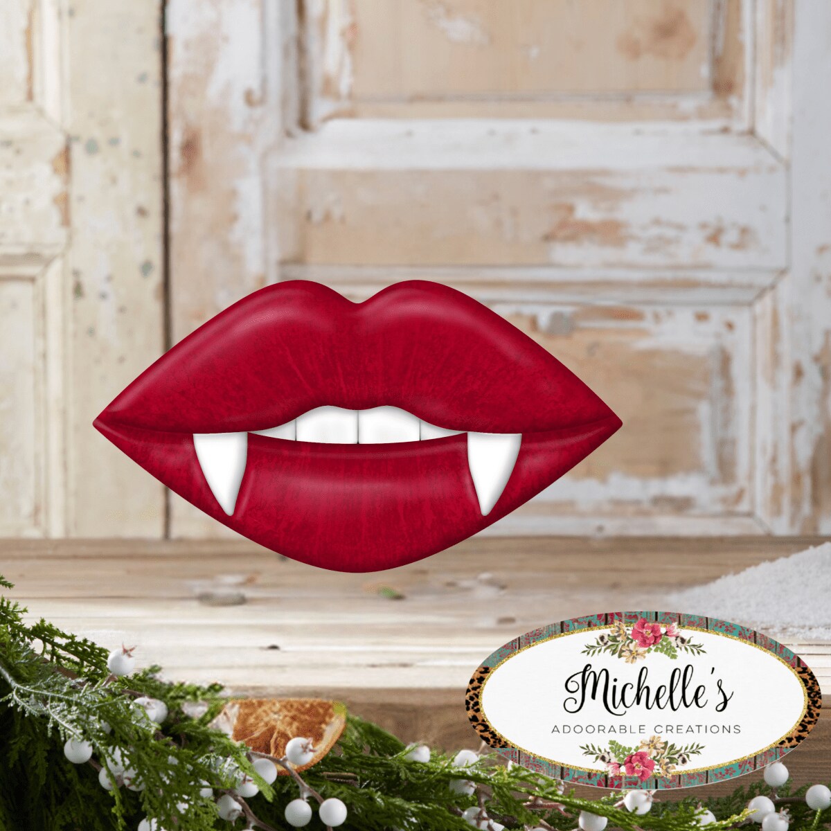 12&#x22; Metal Embossed Hanger: Vampire Lips Red
