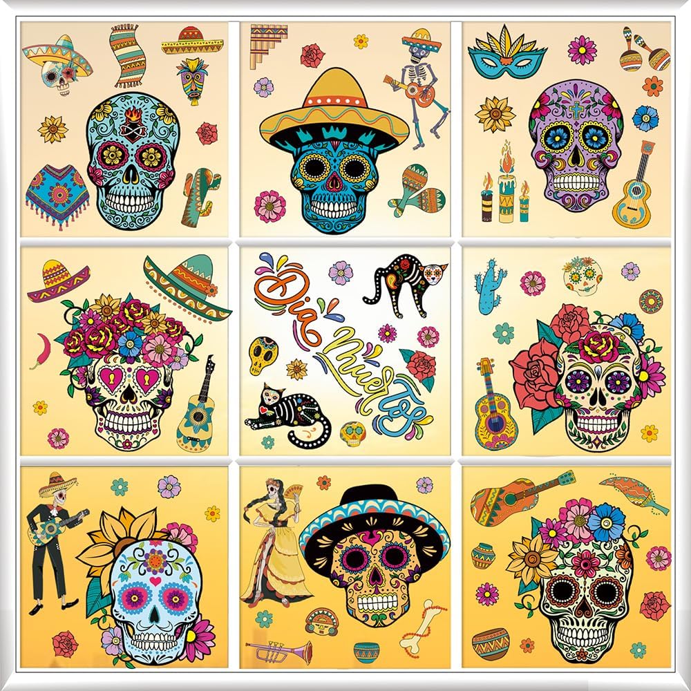 Day of The Dead Window Clings Sugar Skulls (Black, White, Orange, Pink, Purple, and Green)