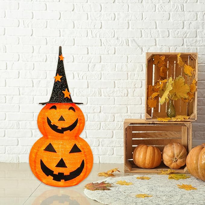 FUNPENY 5FT Halloween Collapsible Pumpkin Decorations, Pre-Lit Light Up 100 LED Pumpkin With Black Hat, Lighted Pop Up Jack-o-Lantern With Metal Stand For Indoor Outdoor Yard Holiday Decor