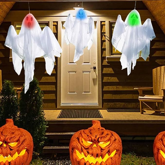 3 Pcs 31.5" Light Up White Hanging Ghost: Flying Ghosts with LED Lights Cute Decor for Halloween Outdoor Tree Yard Haunted House Decorations