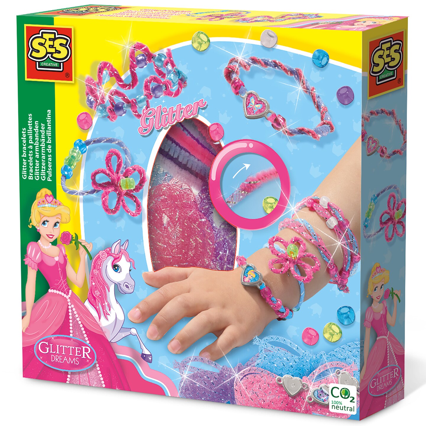 SES Creative: Glitter Dreams: Bracelets Making Kit - DIY Charms &#x26; Pony Beads Jewelry, Glittery Wire, Chenille, Twist-Braid-Knot, Craft Set, Kid Age 4+