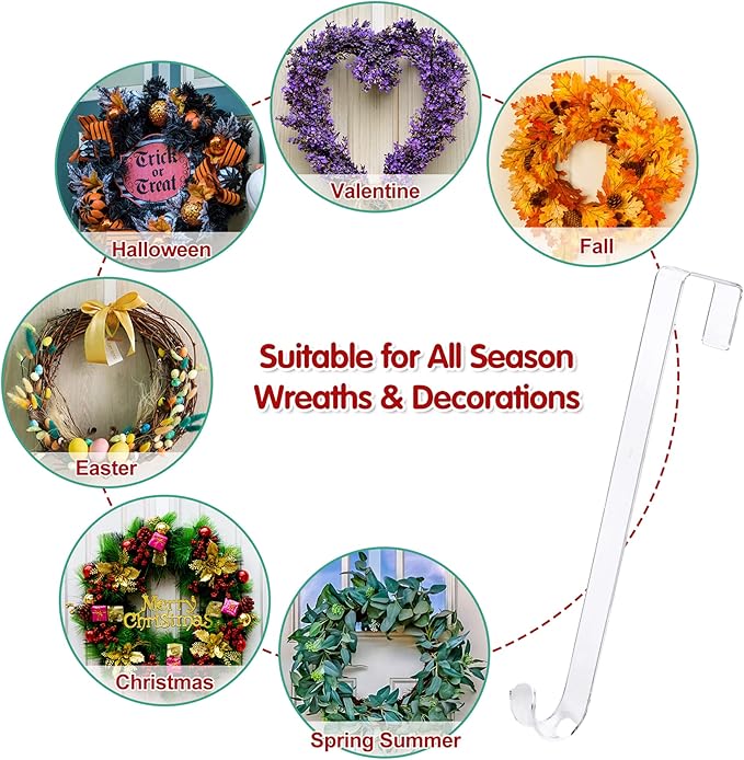 12 in Wreath-Hangers for Front Door,Door-Wreath-Hanger-Clear Over The Door Hooks,2 Pack Non-Scratch-Door-Hanger Hook for Easter Christmas Halloween Fall Wreath Decorations,Welcome Sign for Front Door