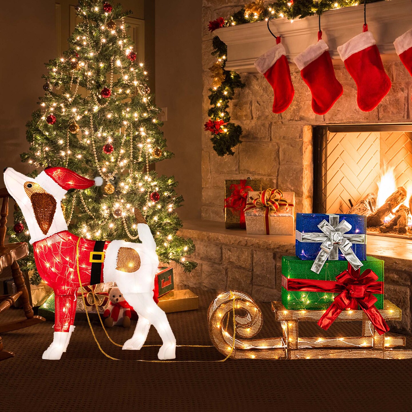 Costway Pre-Lit Christmas Dog Sleigh &#x26; Gift Boxes Combo Xmas Decoration with 170 Lights