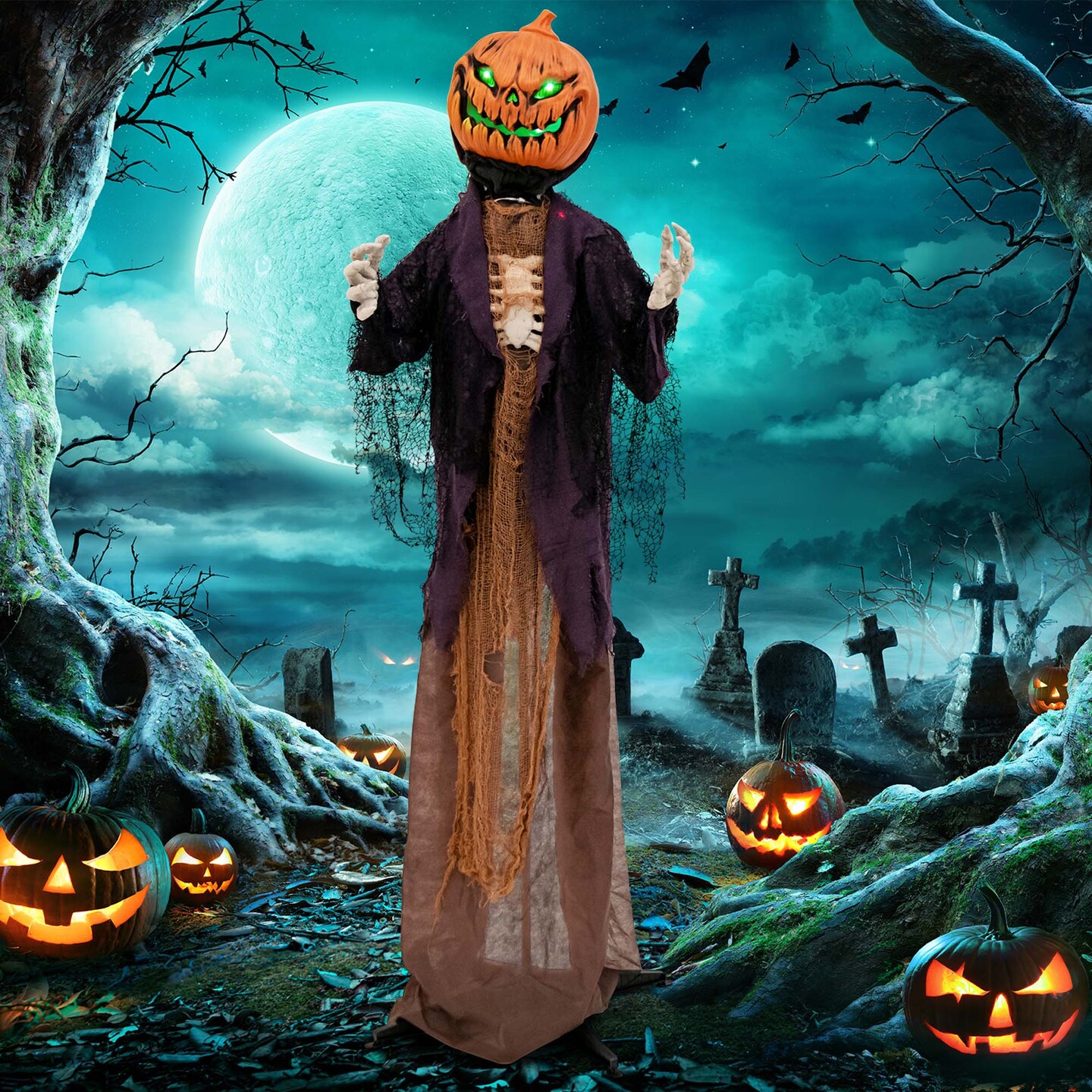 Costway 5.6 FT Halloween Animated Standing Pumpkin Scarecrow with Weird Phrases &#x26; LED Eyes