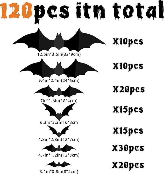 Bats Wall Decor 120PCS Halloween Decoration Bats Realistic PVC 3D Black Scary Bat Wall Stickers for Creepy Home Decor Halloween Party Decorations DIY Wall Decal Bathroom Indoor Halloween Decor