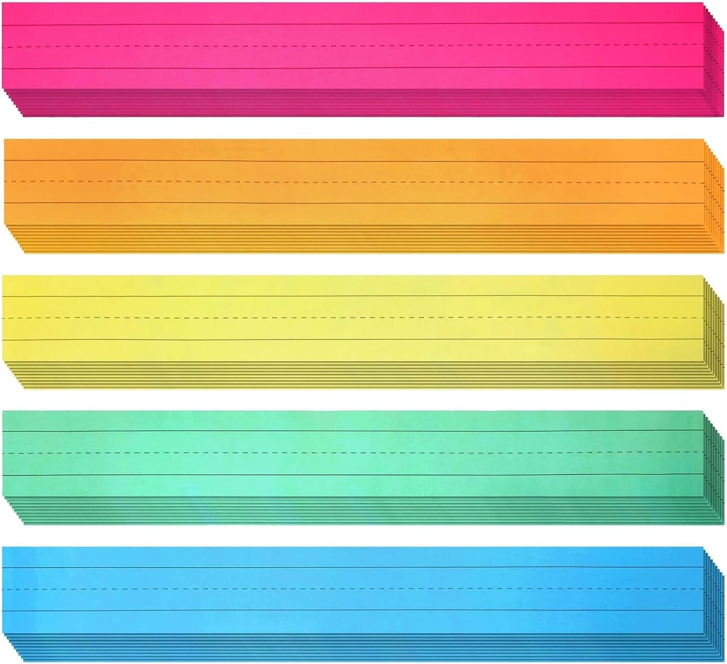 100 Pack Colored Sentence Strips for Teacher Supplies, Classroom, Lined Paper Borders for Writing Words (5 Colors, 3 X 24 In)