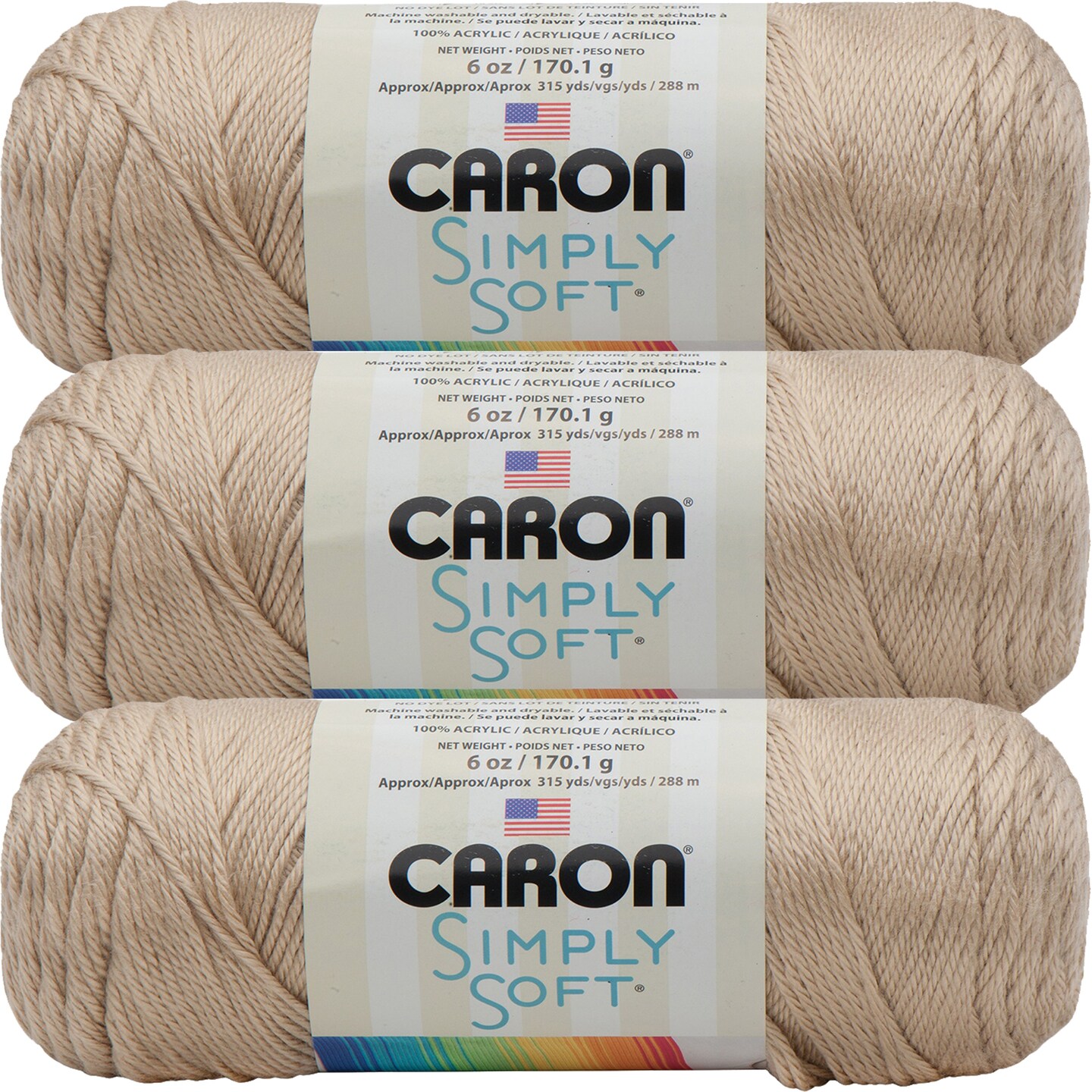 Caron Simply Soft Bone Yarn - 3 Pack of 170g/6oz - Acrylic - 4 Medium (Worsted) - 315 Yards - Knitting/Crochet