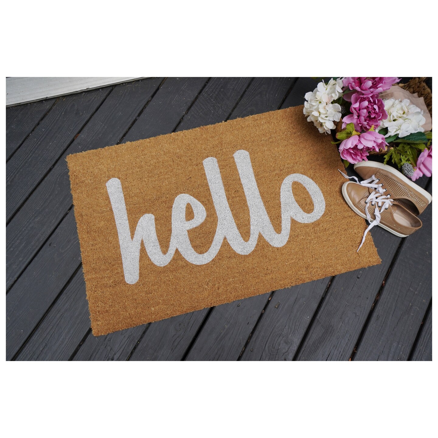 Script Hello Doormat, Off White/ Natural