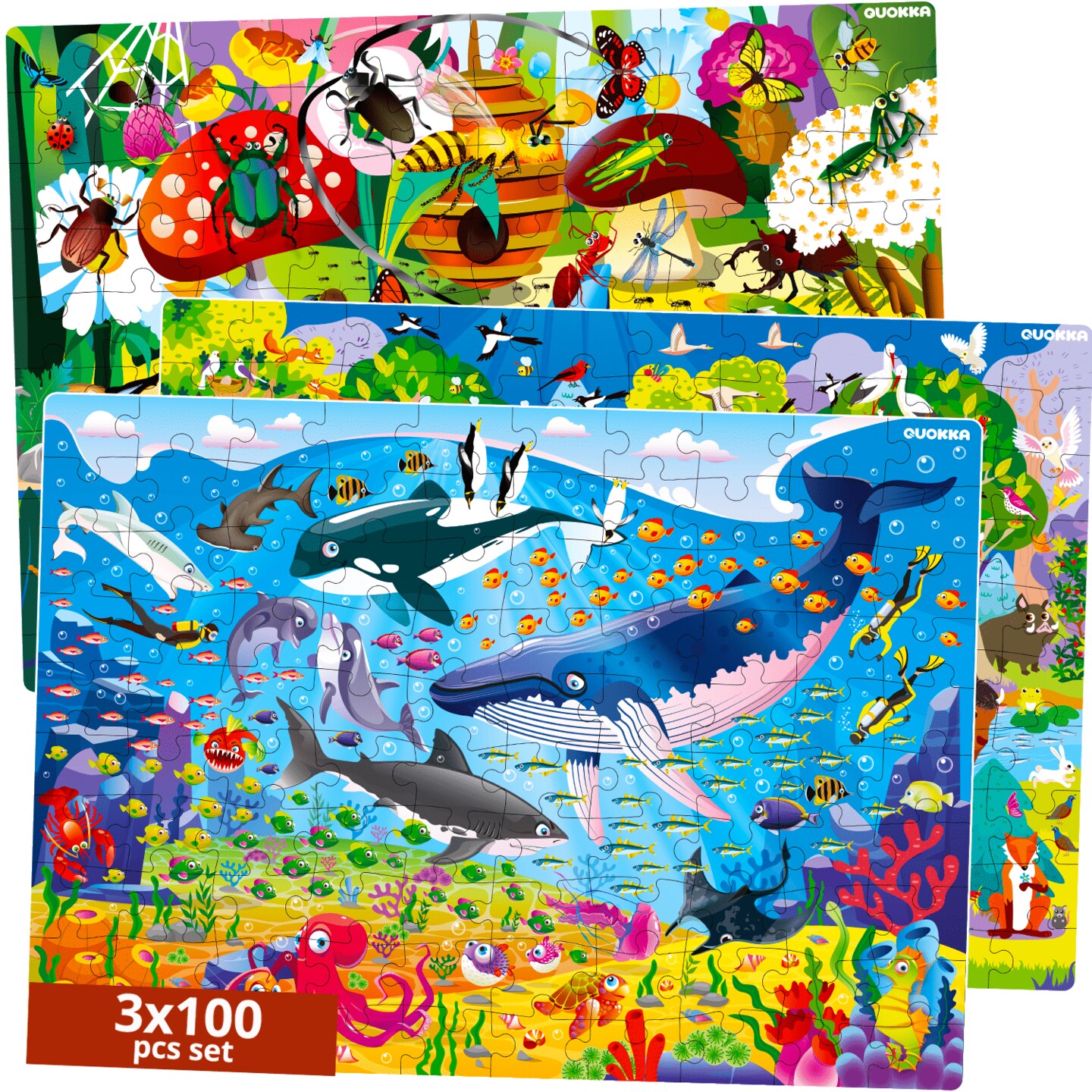QUOKKA 100 Piece Puzzles for Kids Ages 4-6 &#x2013; 3 Floor Kids Puzzles Ages 6-8 Year Old &#x2013; Toy for Learning Ocean &#x26; Forest Animals for 8-10 yo &#x2013; Jigsaw Toddler Game for Boy and Girl Ages 3-5