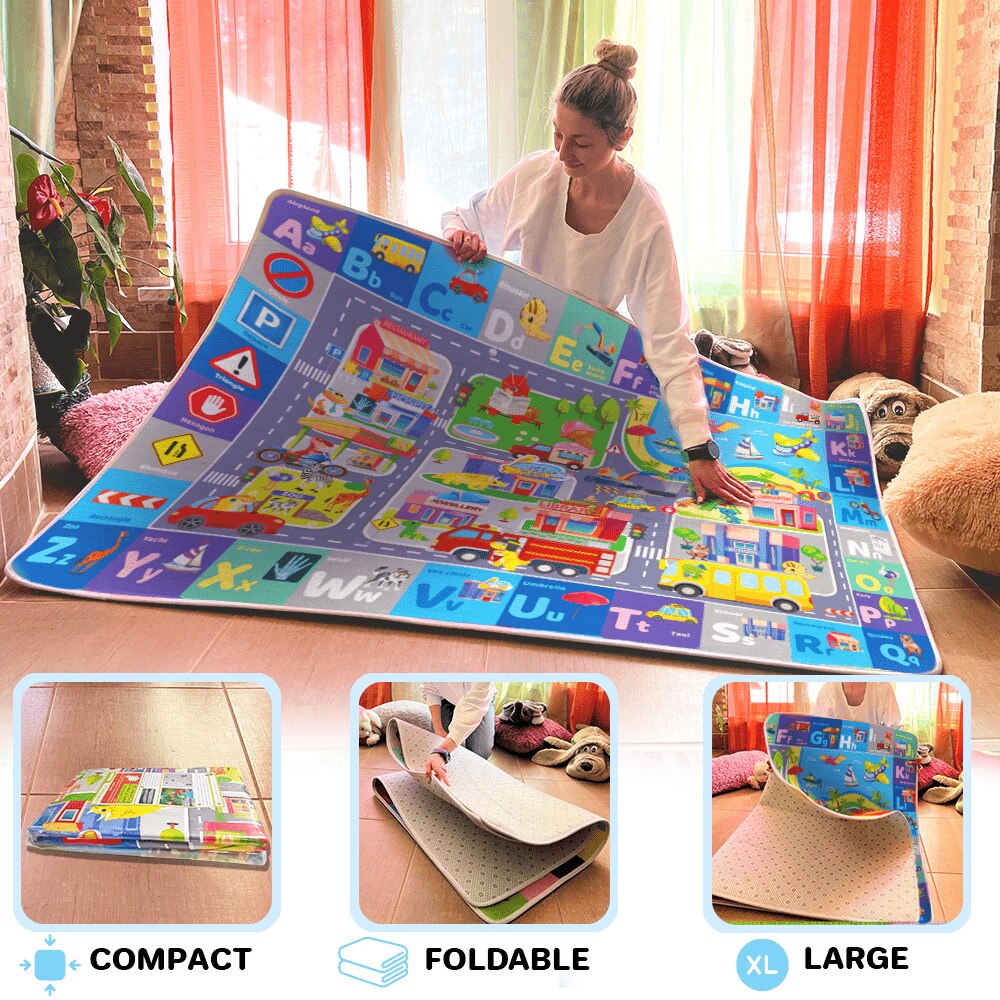 QUOKKA Floor Playmat for Babies Super Soft Plush ABC Play Mat for Kids Toddlers &#x26; Infants - Extra Thick (0.8cm) Large Padded Non-Slip Car Nursery Rug with City - Foldable Mat for Playroom