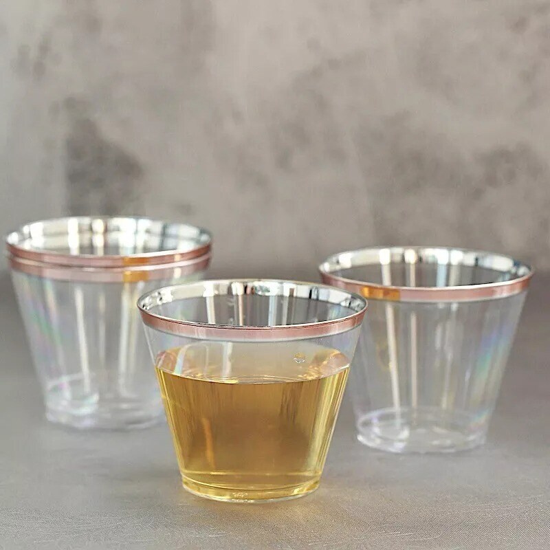 12 pcs 10 oz Clear with Rose Gold Rim Plastic Cups Disposable Tableware Wedding