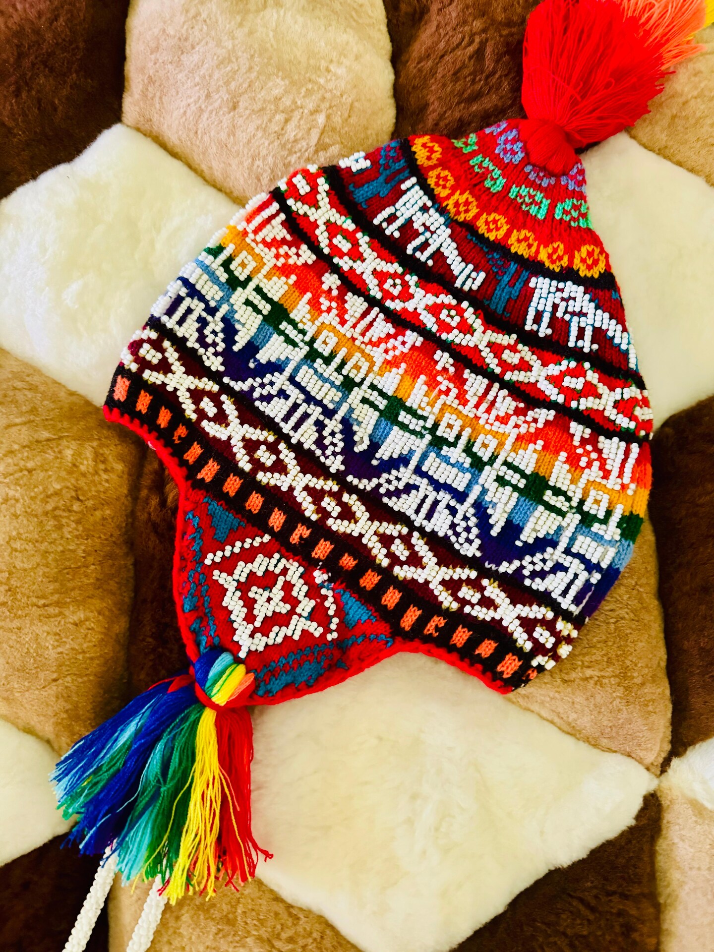 Handmade Peruvian Woven Wool Beaded Unisex Chullo Hat Pom Pom Andean Mountain 166665544820048.jpeg main image 2