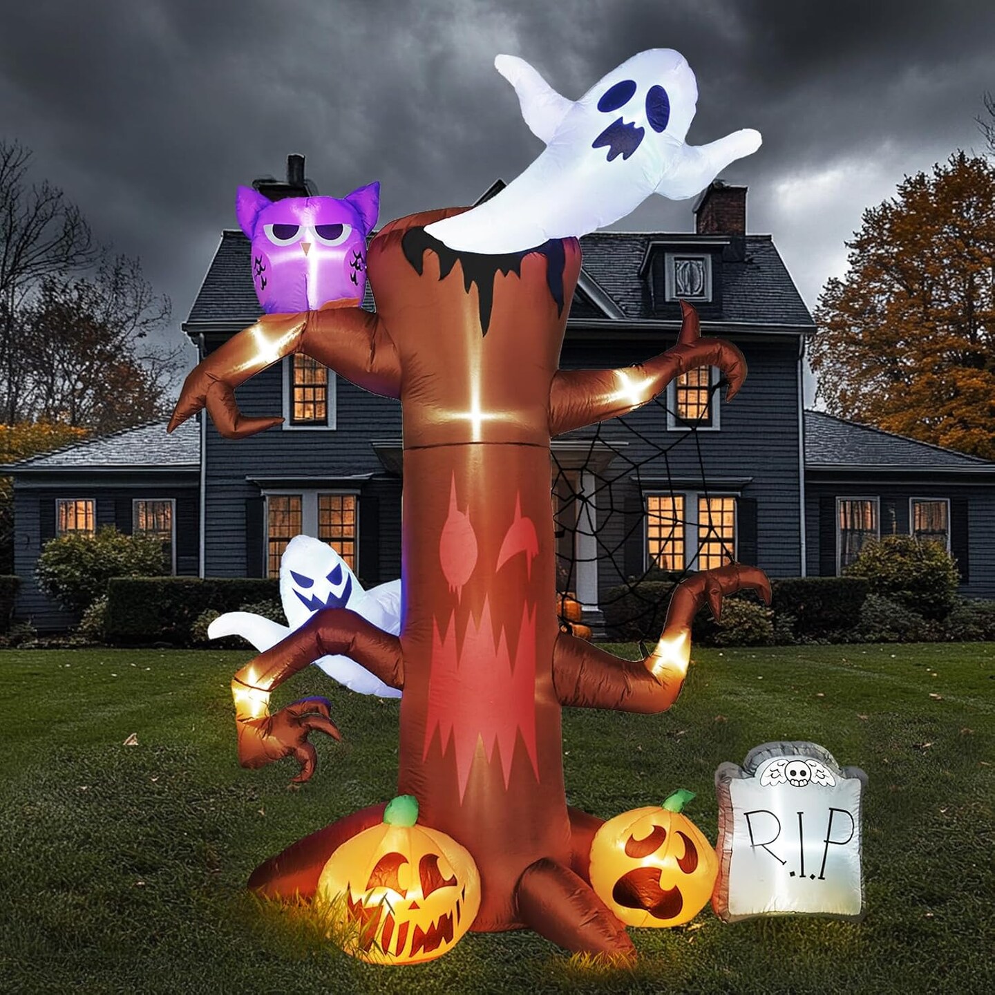 8 FT Halloween Inflatable Decorations Tree Outdoor with Blow Up Pumpkin Ghost Owl Spider Web and Tombstone,Built-in LEDs for Halloween Scary Outdoor Indoor Yard Garden Lawn Party Decor