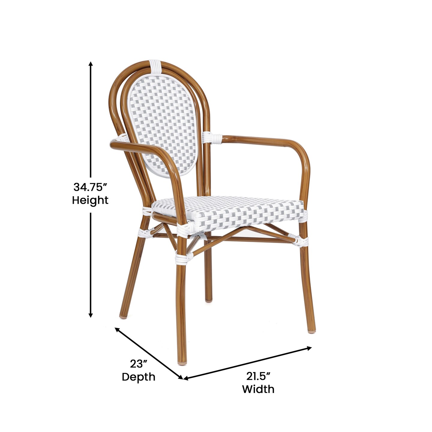 Merrick Lane Celia Set of Two Stacking Thonet Bistro Style Chair with Arms, PE Rattan Seat, and Metal Frame for Indoor/Outdoor Use