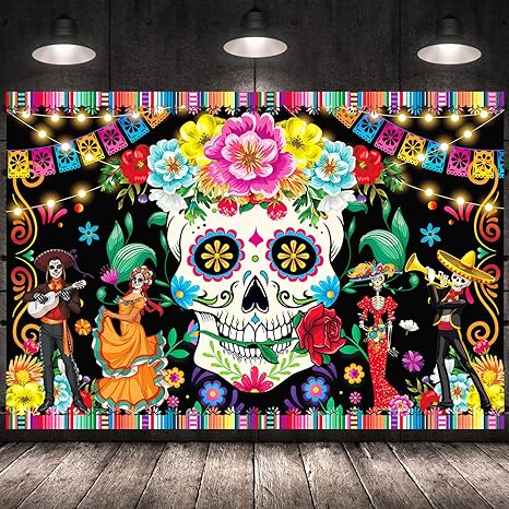 Day of The Dead Backdrop Banner, Extra Large Dia De Los Muertos Banner Skull Mexican Photo Background Party Decorations for Halloween Day of The Dead Decorations, 70.8&#xD7;43.3inch