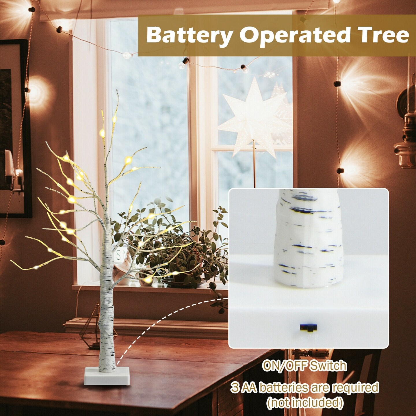 Pre-lit White Twig Birch Tree - Battery Powered Christmas Holiday Decor - 2 Ft