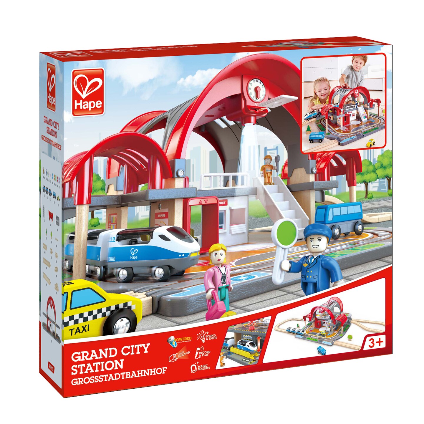 Hape Grand City Station Light &#x26; Sound Railway Set with Projector and Recorder, 49 Pieces