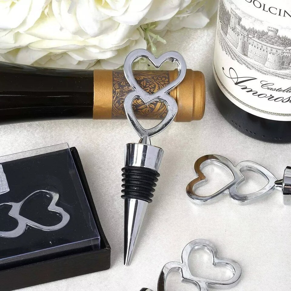 10 Silver Double Heart Wine Bottle Stoppers Wedding Party Favors Supplies