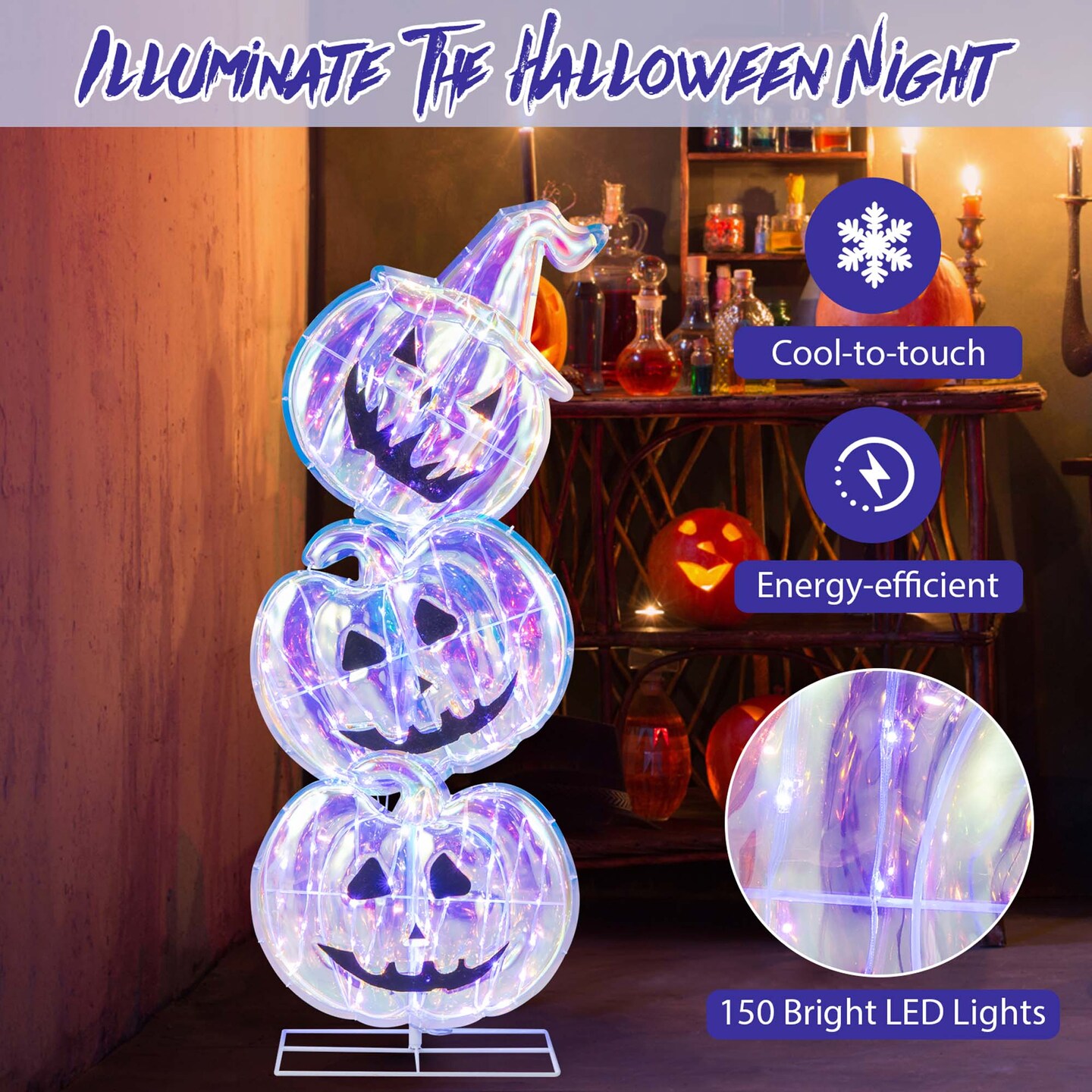 Costway 3.4 FT Halloween Stacked Pumpkins 150 LED Lighted Pumpkin Decoration with Base Standing  for Home Haunted House and Outdoors