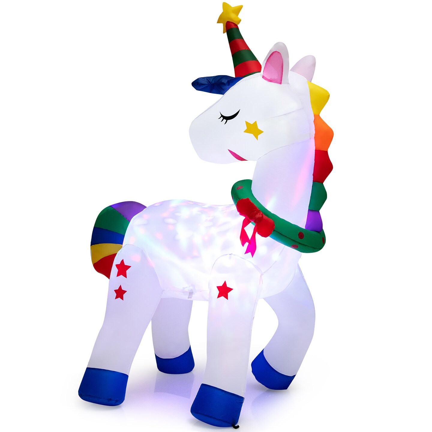 Costway 6FT Tall Christmas Magic Unicorn, Inflatable Unicorn Decoration with Rainbow Tails & Christmas Wreath