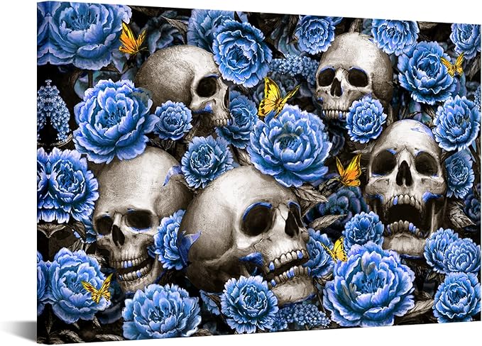 Black and White Skull Wall Art Skull Head Skeleton Painting Vintage Sugar Skull Artwork Wall Decoration for Home Living Room Bedroom the Day of Dead