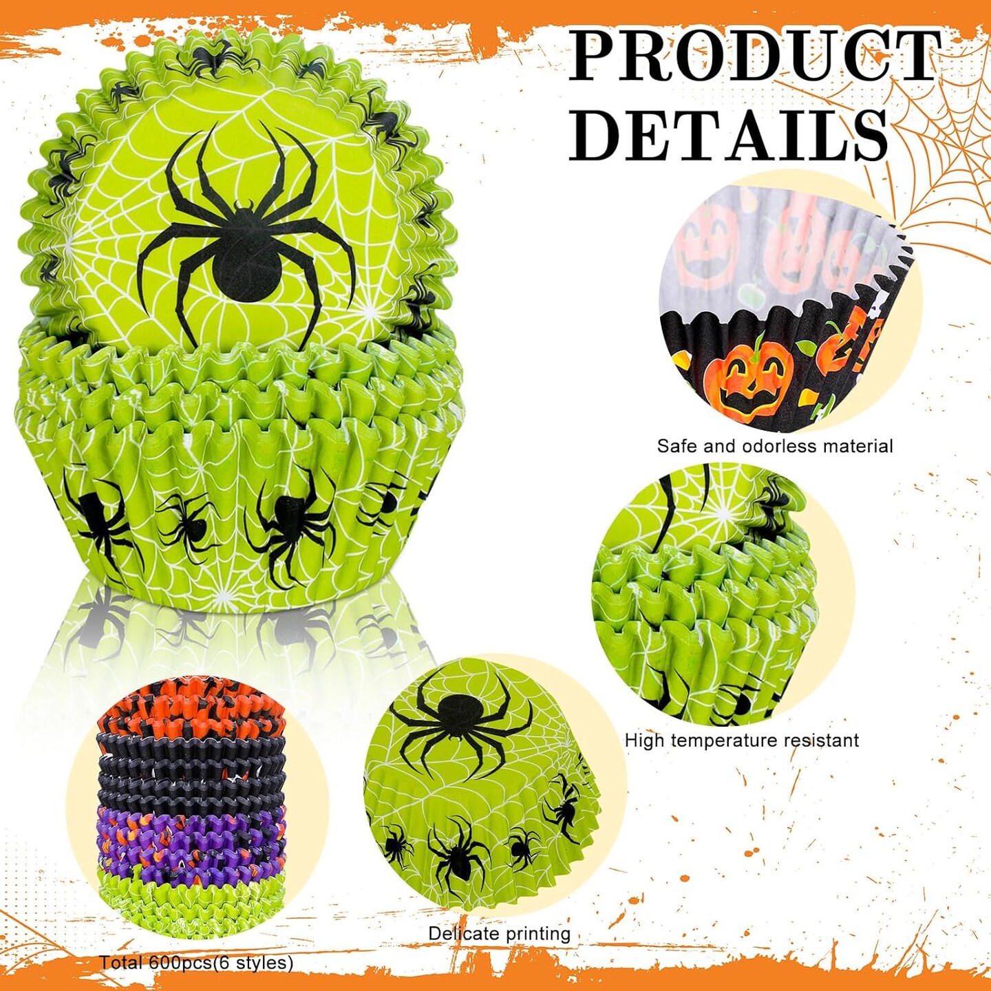 600Pcs Halloween Cupcake Liners Pumpkin Witch Legs Bats Ghosts Spiders Skulls Cupcake Wrappers Baking Cups Holders Muffin Baking Liners for Halloween Party Supply