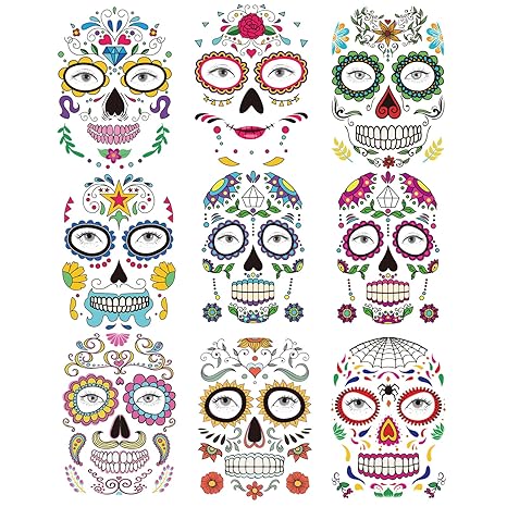 Day of the Dead Sugar Skull Tattoos Halloween Temporary Face Tattoos Sugar Skull Puppy Black Skeleton Web Red Roses Tattoo for kids Boys Girls Mexican Halloween Party Favor Supplies