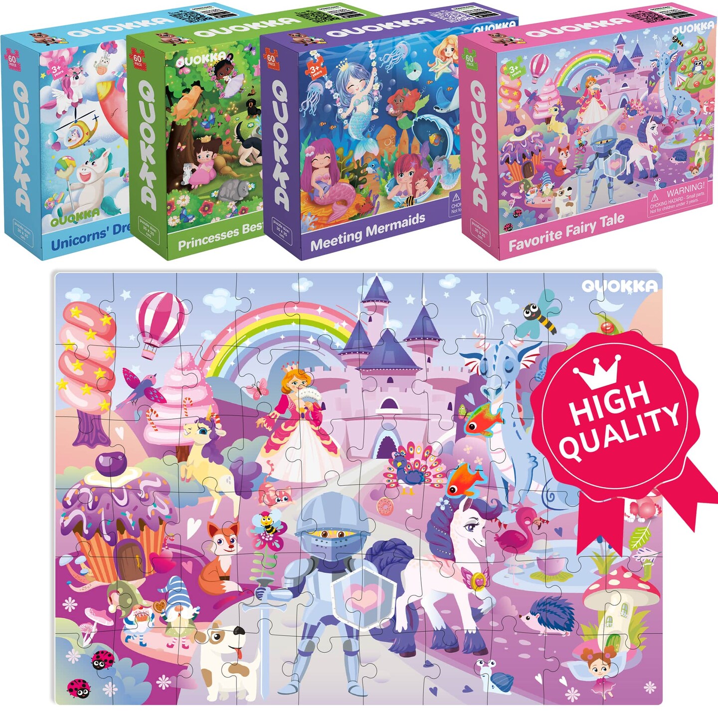 QUOKKA Puzzles for Kids Ages 4-6 - Set of 4x60 Jigsaw Puzzles for Toddlers 3-5 - Unicorn Princess Animals Toys for Children 6-8 yo - Gift Educational Game for Boys &#x26; Girls