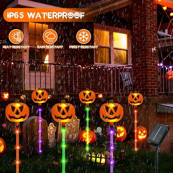 12-Pack Pumpkin Solar Lights for Outdoor Halloween Decorations, Green Orange and Purple Halloween Lights, Light up Jack O Lantern Pumpkins, Solar Garden Lights for Pathway Yard Party Decor