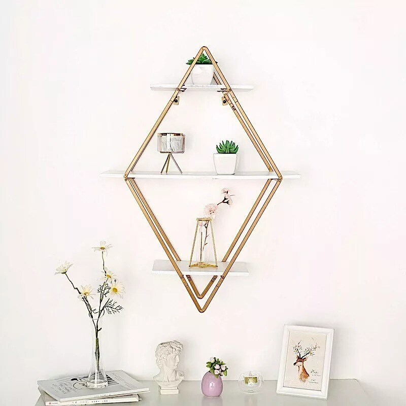 31&#x22; White Gold 3 Tier Diamond Metal Wood Geometric Hanging Shelf Party Events