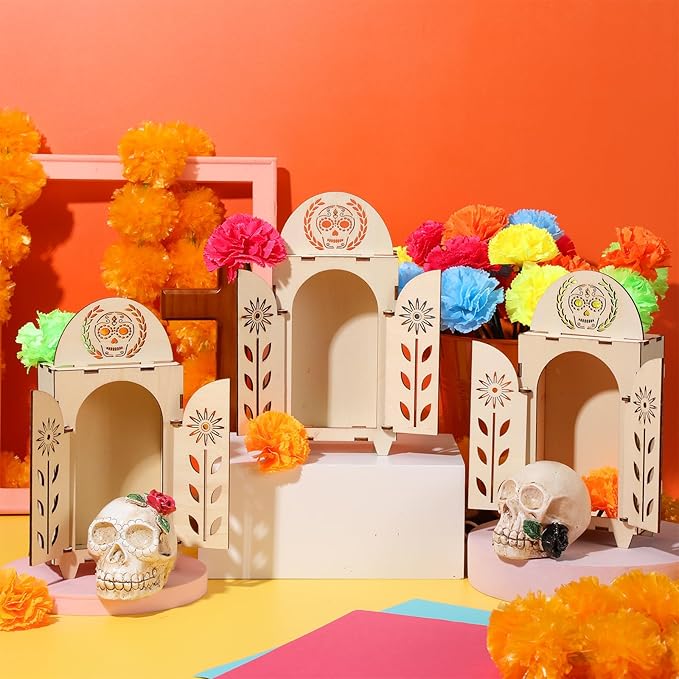 Dia De Los Muertos Ofrenda Shadow Box, Wooden Day of The Dead Shadow Box, Skull Papel Picado Day of The Dead Decorations, Altar Ofrenda Supplies, Remembrance Picture Frame Shadow Box (1 Piece)