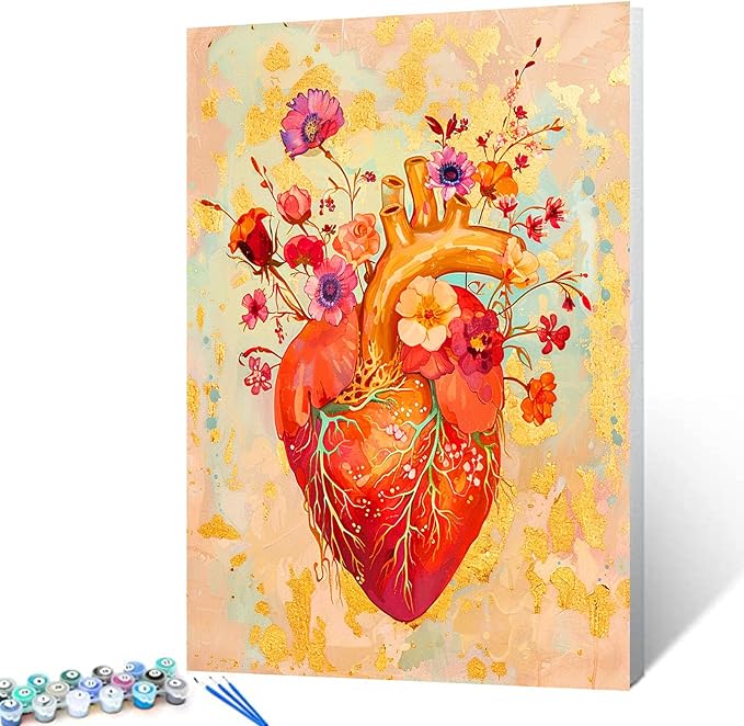 Floral Heart Blood Vessel Paint by Number for Adults on Canvas Anatomy DIY Oil Acrylic Painting Kit for Adults Drawing Paintwork Day of The Dead Wall Art Crafts Home Decoration16x20in no Frame