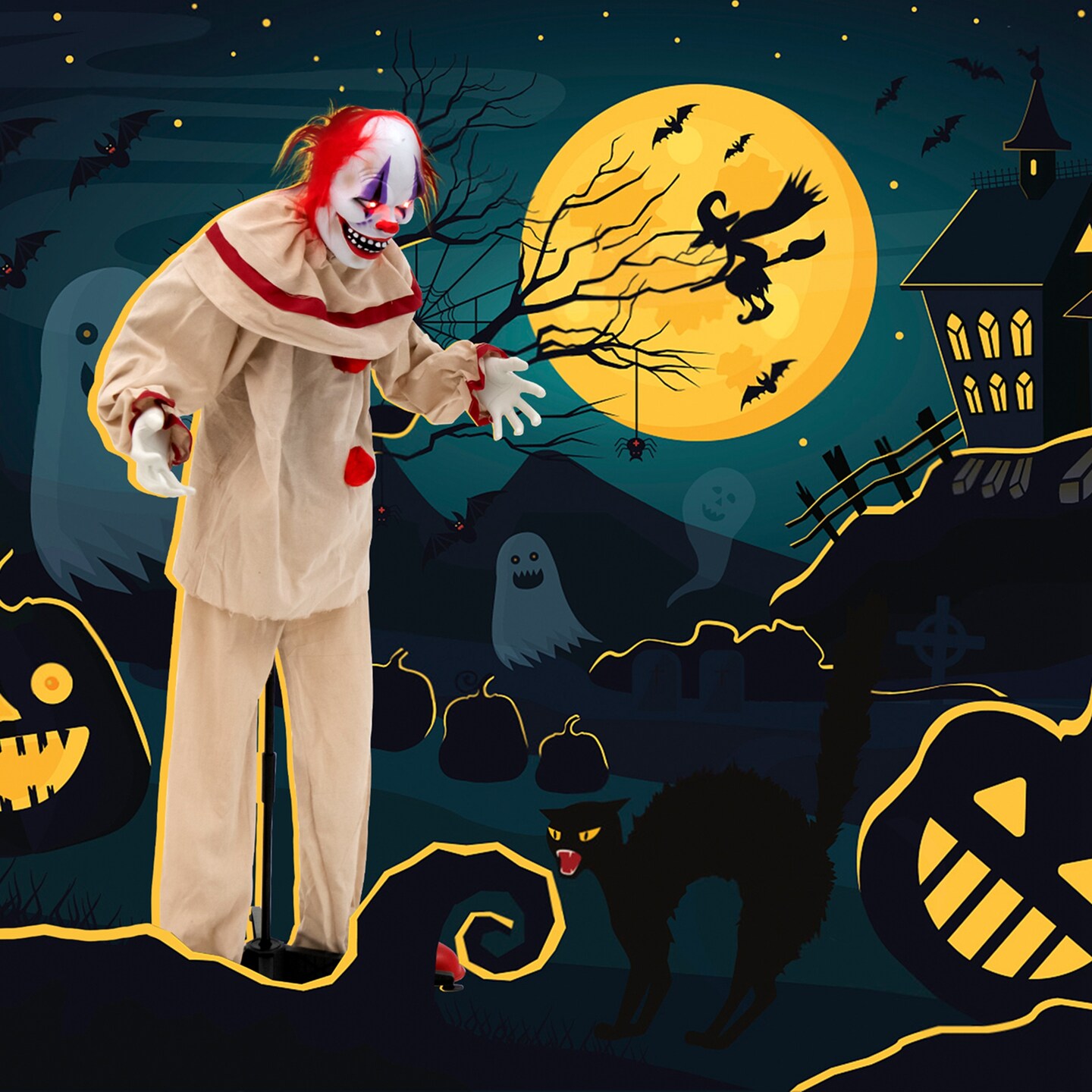 Costway 5 FT Grins Animatronic Killer Clown Halloween Decoration with Glowing Red Eyes