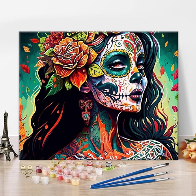 Maxican Girl Paint by Numbers Kit for Adults, Carnival mask for Day of the Dead Paint by Numbers Drawing Paintwor, DIY Canvas Oil Paint by Numbers Kit for Adults Beginners Enthusiasts 16x20inch